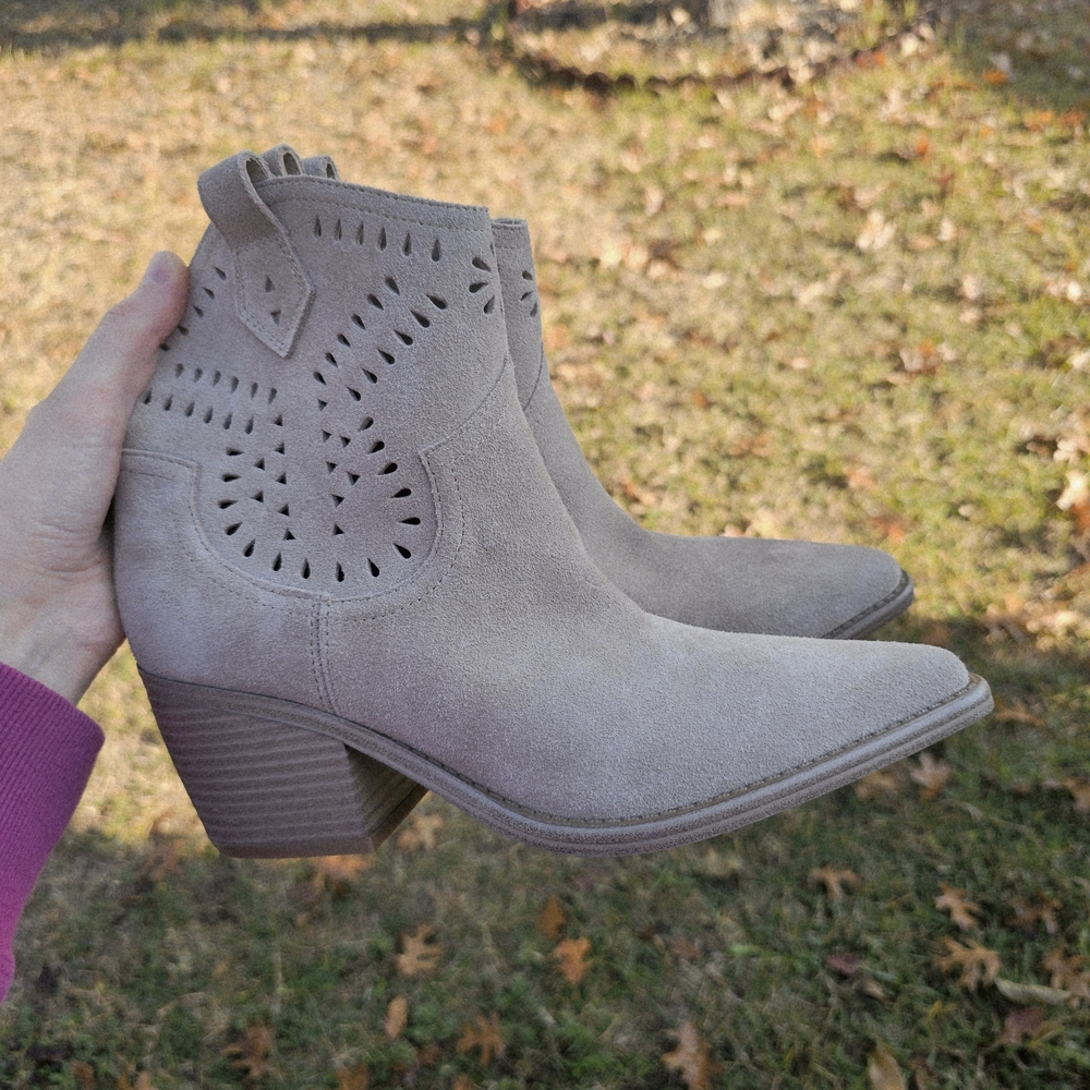 Marc Fisher Perforated Suede Ankle Boots in Taupe
